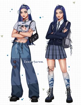 ankle_boots artist_name asian backpack bag baggy_pants black_bag black_boots blazer blue_eyes blue_eyeshadow blue_hair blue_jacket blue_nails blue_skirt boots bracelet character_print closed_mouth clothing_cutout collared_shirt cord_choker crossed_arms denim earmuffs eyelashes eyeshadow fashion fine_art_parody fingernails forehead full_body grey_bag grid_background hair_ornament hairclip hairpin handbag heart heart_cutout heart_hair_ornament heterochromia highres jacket jeans jewelry kanagawa_okinami_ura knee_cutout kneehighs lace-up_boots leaf_print long_fingernails long_hair looking_ahead makeup midriff mole mole_on_arm mole_on_cheek mole_on_forehead mole_on_leg mole_on_neck mole_on_stomach mole_under_each_eye mole_under_eye multicolored_pants multiple_moles multiple_views navel original pants parody parted_bangs plaid_clothes plaid_skirt pleated_skirt reference_sheet school_uniform shirt shoulder_bag skirt socks standing straight_hair streetwear t-shirt thick_eyebrows thick_lips umi_(zeebythesea) white_background white_nails white_shirt white_socks zeebythesea