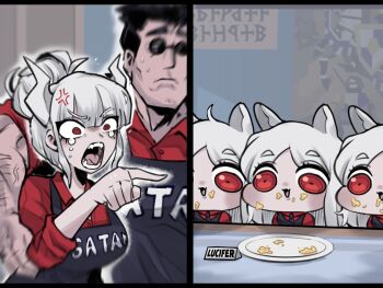 1boy animal_ears apron black_hair cerberus_(helltaker) demon_girl demon_horns dog_ears food food_on_face helltaker helltaker_(character) highres horns long_hair lucifer_(helltaker) meme multiple_girls oligogi_meoggosipda open_mouth plate red_eyes red_shirt shirt short_hair sunglasses triplets vest white_hair woman_yelling_at_cat_(meme)