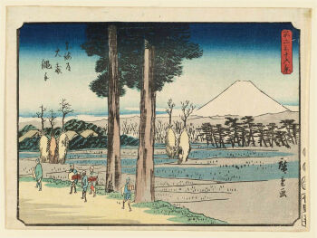 19th_century 5boys ando_hiroshige backpack bag blue_hat blue_kimono blue_sky cloud fine_art_parody grass green_kimono hat highres japan japanese_clothes japanese_text kimono landscape looking_at_another looking_back mount_fuji mountain mountainous_horizon multiple_boys nihonga original outdoors parody path road scenery sky thirty-six_views_of_mount_fuji_(hiroshige) traditional_media translation_request tree ukiyo-e volcano walking white_hat