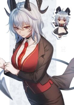 1girl alternate_costume black_choker black_horns black_tail breasts brown_coat brown_skirt button_gap choker closed_mouth coat collared_shirt commentary_request curled_horns demon_tail dobu_jelly enmaided grey_hair hair_between_eyes horns large_breasts long_hair looking_at_viewer maid mole mole_under_eye multicolored_hair multiple_views necktie red_eyes red_necktie red_shirt shirt skirt smile solo streaked_hair tail white_shirt wuthering_waves zani_(wuthering_waves)