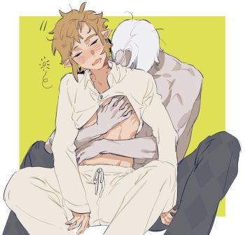 2boys border closed_eyes colored_skin commentary earrings english_commentary ghirahim green_background grey_pants grey_skin hickey jewelry link male_focus messy_hair multiple_boys nintendo open_mouth pants pectoral_grab pointy_ears shirt short_hair sidelocks sitting sumooo_(ga_ilil) sweatpants the_legend_of_zelda the_legend_of_zelda:_skyward_sword toned toned_male topless_male white_border white_hair white_shirt yaoi