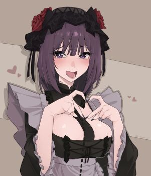 1girl absurdres between_breasts black_dress black_necktie blush breasts chain chained clothes_between_breasts commentary cosplay dress embarrassed flower frilled_dress frilled_sleeves frills heart heart_hands highres i_shamx kitagawa_marin kuroe_shizuku kuroe_shizuku_(cosplay) large_breasts looking_at_viewer medium_hair necktie necktie_between_breasts open_mouth purple_eyes purple_hair red_flower red_rose rose solo sono_bisque_doll_wa_koi_wo_suru