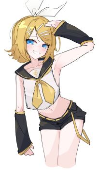1girl belt black_sailor_collar black_shorts blonde_hair blue_eyes blush bow collarbone commentary_request cowboy_shot cropped_legs cropped_shirt detached_sleeves hair_bow hair_ornament hairpin highres kagamine_rin leaning_forward medium_hair midriff navel neckerchief open_mouth parted_bangs sailor_collar salute shirt short_shorts shorts sidelocks simple_background sleeveless sleeveless_shirt smile solo teeth thinker25075754 treble_clef vocaloid white_background white_bow white_shirt yellow_belt yellow_neckerchief