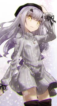 1girl beret black_boots black_hat boots breasts fate/grand_order fate_(series) forked_eyebrows grey_hair grey_sweater hat highres long_hair looking_at_viewer melusine_(fate) melusine_(holy_heart)_(fate) ribbed_sweater sidelocks small_breasts smile snow sweater thigh_boots thighs turtleneck turtleneck_sweater yellow_eyes yubeshi_(zecxl)