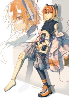 Rule 34 | 1girl, a.i. voice, adachi rei, android, black shirt, cable, clothes down, clothes lift, clothes pull, coat, commentary request, grey skirt, headphones, highres, joints, looking at viewer, mechabare, multiple views, notice lines, one side up, orange eyes, orange hair, parted lips, qiukui, robot joints, shirt, shirt lift, shoes, short hair, single shoe, single thighhigh, skirt, skirt pull, sleeves rolled up, sneakers, standing, thighhighs, turtleneck, twitter username, utau, white coat