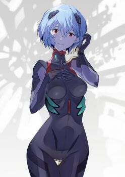 Rule 34 | 1girl, ayanami rei, blue hair, bodysuit, breasts, commentary, evangelion: 3.0+1.0 thrice upon a time, highres, interface headset (evangelion), looking at viewer, mecha pilot suit, neon genesis evangelion, plugsuit (evangelion), rebuild of evangelion, red eyes, short hair, solo, standing, white bodysuit, yagisawa teru