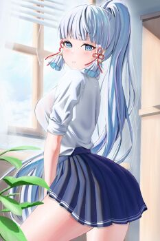 1girl absurdres arched_bangs ayaka_(genshin_impact) blue_eyes blue_skirt blush breasts commentary day eg_kcresp from_side genshin_impact high_ponytail highres indoors large_breasts long_hair looking_at_viewer looking_to_the_side mole mole_under_eye parted_lips pleated_skirt ponytail shirt sidelocks skirt solo thighs very_long_hair white_hair white_shirt window window_blinds