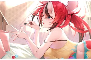 1girl absurdres animal_ears applying_manicure black_hair black_streaks blue_eyes blue_nails breasts camisole colored_tips commentary cosmetics crop_top curtains double-parted_bangs flame_print from_side hair_between_eyes hakos_baelz hashtag-only_commentary highres holding hololive hololive_english indoors long_hair lying medium_breasts misa_pika mouse_ears mouse_girl multicolored_hair nail_polish nail_polish_bottle nail_polish_brush on_bed on_stomach open_mouth red_hair red_nails solo strap_slip twintails uneven_twintails virtual_youtuber white_streaks yellow_camisole