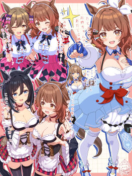 4girls :d ;d absurdres ahoge almond_eye_(umamusume) almond_eye_(umamusume)_(cosplay) black_hair blue_gloves bow breasts brown_hair cleavage commentary_request cosplay crossover eishin_flash_(meisterschaft)_(umamusume) eishin_flash_(umamusume) eishin_flash_(umamusume)_(cosplay) fingerless_gloves gakuen_idolmaster gloves hair_bow hair_ornament hairclip hanami_ume highres hiyoko_neneko holding holding_microphone horse_girl idolmaster large_breasts looking_at_another looking_at_viewer microphone multiple_girls multiple_views one_eye_closed open_mouth pink_bow pink_skirt short_hair skirt smart_falcon_(love_4ever)_(umamusume) smart_falcon_(umamusume) smile standing thighhighs twintails umamusume white_thighhighs