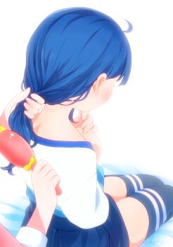 Rule 34 | 2girls, artist name, back, blue hair, blue shirt, blue skirt, blue thighhighs, casual, commentary, dress, facing away, from behind, hirogaru sky! precure, holding, holding another's hair, holding brush, kyanos (b 0000ff), long sleeves, medium hair, miniskirt, multiple girls, nape, nijigaoka mashiro, pink dress, pleated skirt, pov, precure, shirt, signature, sitting, skirt, sora harewataru, t-shirt, thighhighs, two-tone shirt, white background, white shirt