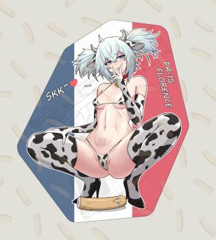 1girl :p animal_print bell bikini blue_eyes blue_hair blush breasts character_name commentary_request cow_print cow_print_bikini elbow_gloves french_flag full_body girls&#039;_frontline gloves hair_between_eyes hand_on_own_thigh hand_up heart heart-shaped_pupils high_heels highres horns legs medium_hair naughty_face navel neck_bell pa-15_(girls&#039;_frontline) print_bikini ran052 small_breasts solo spread_legs squatting stomach swimsuit symbol-shaped_pupils thighs tongue tongue_out twintails v v_over_mouth