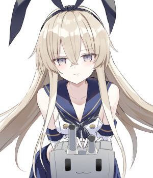 1girl :3 animal_ear_hairband animal_ears bare_shoulders black_hairband black_neckerchief blonde_hair blue_sailor_collar blue_skirt collarbone commentary_request elbow_gloves fake_animal_ears gloves grey_shirt hairband kantai_collection leaning_forward light_blush long_hair looking_at_viewer midriff_peek neckerchief rensouhou-chan sailor_collar school_uniform serafuku shikuro_(iorimiyakiyo) shimakaze_(kancolle) ship_turret shirt skirt smile solo white_background white_gloves white_serafuku
