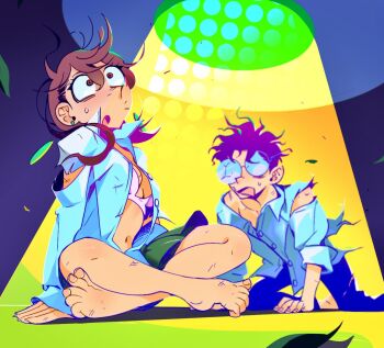 1boy 1girl :o abduction all_fours arm_support arms_at_sides ayase_momo bare_shoulders barefoot black_sky blue_pants blurry blurry_background blush bra breasts broken_eyewear brown_eyes brown_hair collarbone commentary constricted_pupils crack crossed_legs dandadan depth_of_field dirty earrings falling_leaves glasses green_skirt hair_between_eyes hair_over_shoulder halftone highres indian_style jewelry kneeling korean_commentary leaf loose_hair_strand medium_breasts medium_hair messy_hair midriff navel nose nose_blush on_ground opaque_glasses open_clothes open_mouth open_shirt outdoors pants pendant_earring pink_bra pleated_skirt purple_hair round_eyewear school_uniform shirt sideboob sidelocks sitting skirt sky spacecraft surprised sweatdrop takakura_ken_(dandadan) toes torn_clothes torn_shirt tractor_beam ufo underwear y8brass