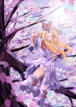Rule 34 | 1girl, absurdres, beckoning, blonde hair, blush, bow, bowtie, cherry blossoms, commentary, dress, fairy, falling petals, floating hair, hat, head tilt, highres, lily white, long hair, looking at viewer, no wings, outdoors, petals, red bow, red bowtie, shoes, sitting, sitting on branch, smile, solo, touhou, tree, uruna00, white dress, white hat, white shoes