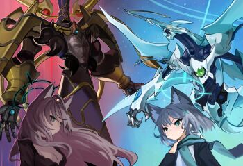 2girls adjusting_scarf ahoge animal_ear_fluff animal_ears backlighting black_choker black_dress black_halo black_jacket blue_archive blue_eyes blue_halo blue_scarf breasts choker cleavage cross_hair_ornament dokomon dragon dress duel_monster floating_hair floating_scarf hair_ornament halo jacket large_breasts long_hair looking_at_another mecha medium_hair mismatched_pupils multiple_girls robot scarf sephylon_the_ultimate_time_lord shiroko_(blue_archive) shiroko_terror_(blue_archive) shooting_quasar_dragon sky star_(sky) starry_sky white_hair wolf_ears wolf_girl yu-gi-oh!