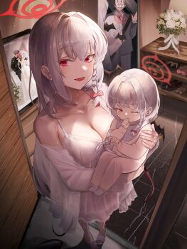 1boy 2girls absurdres blue_archive bow braid breasts carrying carrying_person cleavage collared_shirt commentary doodle_sensei_(blue_archive) family flower formal_clothes full-length_mirror grey_hair grey_jacket grey_pants grey_suit hair_bow halo haruna_(blue_archive) highres indoors jacket long_hair looking_at_viewer medium_breasts mirror mother_and_daughter multiple_girls nightgown one_eye_closed open_door open_mouth pants paper_on_head picture_frame red_eyes red_halo reflection rose sandals sensei_(blue_archive) shirt shoes single_braid single_wing sion_(im10042m) slides smile suit suit_jacket tail thumb_sucking toddler unworn_shoes vase waving wedding_photo white_flower white_nightgown white_rose white_shirt wings