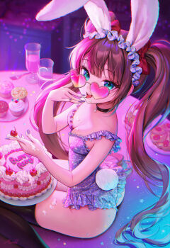 1girl absurdres animal_ears ass black_choker black_thighhighs blue_eyes bow breasts brown_hair cake choker cream_on_body cup cupcake fake_animal_ears fake_tail food food_on_hand fork frilled_leotard frills from_above fruit grin hair_bow heart heart-shaped_eyewear heartki highres leotard long_hair looking_at_viewer looking_over_eyewear looking_over_glasses medium_breasts nail_polish original pink-tinted_eyewear pink-tinted_glasses purple_leotard purple_nails rabbit_ears rabbit_tail red_bow sitting smile solo strawberry sunglasses tail thighhighs thighs tinted_eyewear tongue tongue_out twintails very_long_hair wariza
