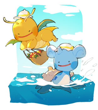 afloat black_eyes claws cloud commentary_request day dragonite flying food fruit gen_1_pokemon happy hat holding inari1369 lapras nintendo no_humans open_mouth outdoors pokemon pokemon_(creature) pokemon_focus pokemon_pokopia sky smile water white_hat