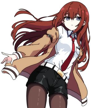 1girl absurdres arm_belt black_pantyhose black_shorts blue_eyes breast_pocket brown_hair brown_jacket chinese_commentary closed_mouth collared_shirt commentary_request cowboy_shot expressionless floating_hair hair_between_eyes highres jacket long_hair long_sleeves makise_kurisu necktie open_clothes open_jacket pantyhose pioartstuff pocket red_hair red_necktie science_adventure shirt short_shorts shorts simple_background solo steins;gate white_background white_shirt