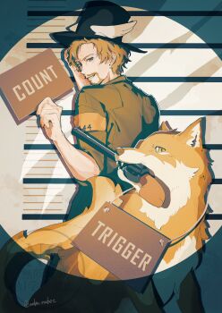 1boy absurdres ace_combat ace_combat_7 blonde_facial_hair blonde_hair character_name count_(ace_combat_7) facial_hair grin gun handgun hat hat_feather height_chart highres holding holding_sign looking_back mouth_hold mugshot onigiri_maru_(maruchosu) orange_fur revolver sign signature smile top_hat trigger_(ace_combat) watermark weapon wolf