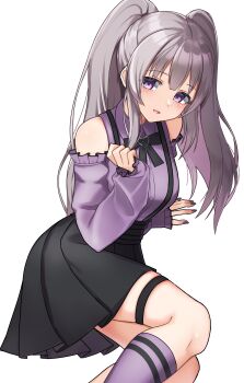 absurdres arm_support bare_shoulders black_bow black_bowtie black_skirt bow bowtie camellia_90 clothing_cutout commentary detached_sleeves feet_out_of_frame frilled_sleeves frills grey_hair hand_up heart highres idolmaster idolmaster_shiny_colors kneehighs knees long_sleeves looking_at_viewer nail_polish open_mouth purple_eyes purple_nails purple_shirt purple_sleeves purple_socks shirt shoulder_cutout sidelocks simple_background sitting skirt sleeves_past_wrists socks thigh_strap twintails white_background yukoku_kiriko