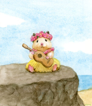 Rule 34 | animal, animal focus, beach, blue sky, commentary request, day, flower wreath, gotte, grass skirt, hamster, holding, holding instrument, holding ukulele, instrument, no humans, ocean, original, outdoors, painting (medium), sand, sitting, skirt, sky, traditional media, ukulele, watercolor (medium)