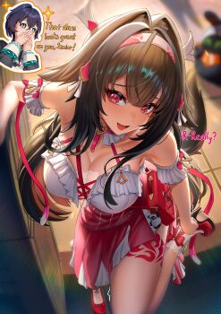 Rule 34 | + +, 2girls, absurdres, adjusting footwear, animal ear fluff, animal ears, arm garter, bare shoulders, belle (delicate sunlight) (zenless zone zero), belle (zenless zone zero), blue hair, blurry, blurry background, breasts, brown hair, cleavage, commentary, covering own mouth, cruzvu, english commentary, english text, eous (zenless zone zero), fox ears, fox girl, fox tail, from above, hair flaps, hair intakes, hair ornament, hairband, hands up, high heels, highres, large breasts, light blush, looking at viewer, multiple girls, official alternate costume, open mouth, red bag, red eyes, red pupils, red shoes, red skirt, shirt, shoes, shy, side slit, skirt, smile, solo focus, tail, white hairband, white shirt, ye shunguang, zenless zone zero