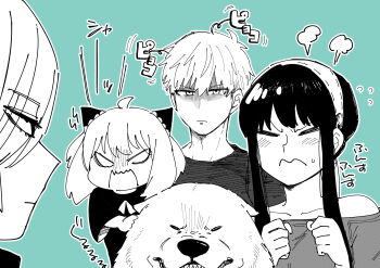 1boy 3girls absurdres adoptive_parent_and_adoptive_child ahoge angry antenna_hair anya_(spy_x_family) ayuhata_toba bare_shoulders blank_eyes bond_(spy_x_family) clenched_hands closed_eyes closed_mouth collarbone commentary_request dog eyes_visible_through_hair family father_and_daughter fiona_frost flying_sweatdrops green_background greyscale_with_colored_background hair_between_eyes hairband hairpods head_steam highres jealous looking_at_another mother_and_daughter multiple_girls off-shoulder_sweater off_shoulder shaded_face sharp_teeth shirt short_hair short_hair_with_long_locks short_sleeves spy_x_family staring sweatdrop sweater t-shirt teeth translation_request twilight_(spy_x_family) yor_briar