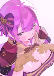 Rule 34 | 1girl, bernadetta von varley, blush, breasts, brown gloves, cleavage, commentary, fire emblem, fire emblem: three houses, gbbgb321, gloves, hands on own chest, highres, large breasts, looking at viewer, nintendo, open mouth, purple eyes, purple hair, short hair, solo, symbol-only commentary, upper body