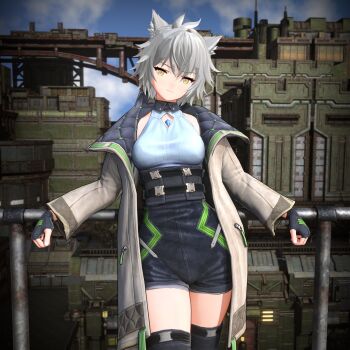 1girl 3d animal_ears blobcg breasts cat_ears cat_girl chest_jewel closed_mouth clothing_cutout commentary core_crystal_(xenoblade) diamond_cutout english_commentary fingerless_gloves gloves high-waist_shorts highres jacket looking_at_viewer medium_breasts messy_hair na&#039;el_(xenoblade) open_clothes open_jacket romper short_hair short_shorts shorts smile solo thighhighs xenoblade_chronicles_(series) xenoblade_chronicles_3 xenoblade_chronicles_3:_future_redeemed yellow_eyes