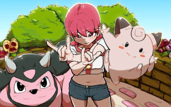 1girl 2049_(hh5566) ahoge blush breasts clefairy clenched_hands clothes_lift day denim denim_shorts determined female_focus fingernails flower focused gen_1_pokemon gen_2_pokemon gym_leader hair_between_eyes hands_up long_hair looking_at_viewer low_twintails matching_hair/eyes medium_breasts midriff miltank nail_polish navel neck nintendo outdoors outstretched_arms park parted_lips pink_eyes pink_hair pink_nails pokemon pokemon_(creature) pokemon_hgss shirt shirt_lift short_sleeves shorts standing stomach t-shirt thighs twintails whitney_(pokemon)