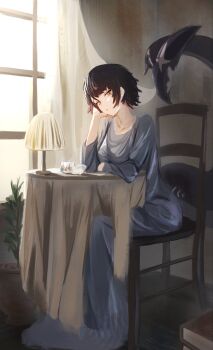 Rule 34 | 1girl, black hair, blue dress, chair, colored inner hair, dress, ellen joe, fins, fish tail, hashtag-only commentary, head on hand, highres, indoors, jewelry, long dress, mole, mole under eye, multicolored hair, necklace, nukko2ny, on chair, orange eyes, scar, scar on tail, shark girl, shark tail, short hair, sitting, solo, tail, zenless zone zero