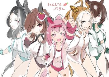 alternate_color alternate_costume animal_ears bandaid bandaid_on_leg blush bow brown_hair buruma ear_bow ear_covers flower-shaped_pupils flower_in_eye gentildonna_(umamusume) gloves hairband haru_urara_(bestest_prize)_(umamusume) haru_urara_(umamusume) headband horse_ears horse_girl horse_tail jacket long_hair looking_at_viewer multiple_girls open_mouth orfevre_(umamusume) pink_buruma pink_eyes pink_hair pink_headband ponytail red_buruma red_gloves red_headband shirt sinzan sirius_symboli_(umamusume) smile symbol-shaped_pupils symbol_in_eye tail umamusume