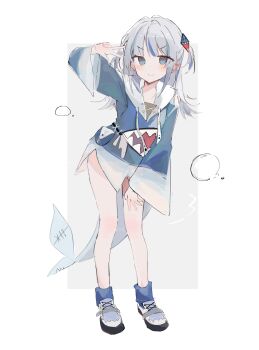 1girl animal_costume animal_hood blue_eyes blue_hair blue_hoodie blue_shoes blush fins fish_tail full_body gawr_gura gawr_gura_(1st_costume) grey_hair hair_ornament highres hololive hololive_english hood hoodie kiri_y long_sleeves looking_at_viewer medium_hair multicolored_hair no_pants shark_costume shark_girl shark_hair_ornament shark_hood shark_tail shoes smile sneakers solo standing streaked_hair tail two_side_up v virtual_youtuber wide_sleeves