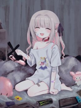 1girl alternate_costume bandaged_arm bandages bandaid bandaid_on_arm bandaid_on_face bandaid_on_thigh bare_legs barefoot blue_ribbon blunt_bangs blush censored closed_eyes colored_inner_hair debitto_(makaino_ririmu) drill_hair fang full_body game_console grey_hair hair_intakes hair_over_shoulder hair_ribbon highres lolowv long_hair looking_at_viewer makaino_ririmu messy_room monster_energy multicolored_hair nijisanji nintendo_switch open_mouth oversized_clothes oversized_shirt pink_hair pink_streaks pointy_ears print_shirt red_eyes ribbon scribble_censor sega_saturn shirt short_sleeves sidelocks sitting smile solo streaked_hair stuffed_animal stuffed_rabbit stuffed_toy t-shirt trash_can two-tone_hair two_side_up virtual_youtuber wariza white_shirt