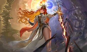 1girl absurdres ancient_greek_clothes arm_armor armor augusta_(wuthering_waves) bng_sl816 breastplate breasts clenched_hand closed_mouth commentary dress earrings from_below greco-roman_clothes hair_between_eyes headgear highres holding holding_sword holding_weapon jewelry large_breasts long_hair moon orange_hair red_eyes solo split_theme sun sun_earrings sun_necklace sword weapon white_dress wuthering_waves
