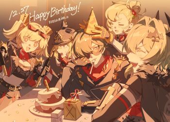 Rule 34 | + +, 1boy, 4girls, :d, ^ ^, artist name, belt, belt buckle, birthday, birthday cake, black belt, black gloves, black helmet, black horns, black jacket, black skirt, black tube top, blonde hair, blush, blush stickers, breasts, buckle, burnice white, caesar king (zenless zone zero), cake, can, candle, cleavage, closed eyes, combat helmet, commentary request, confetti, cropped jacket, crossed bangs, dated, drink can, drinking straw, earrings, elbow rest, eyewear on head, flamethrower, food, fork, fur-trimmed jacket, fur trim, gloves, goggles, goggles around neck, green eyes, green hair, hair between eyes, hair bun, hair intakes, hair ornament, hair over one eye, hands up, happy, happy birthday, hat, head rest, helmet, highres, holding, holding flamethrower, holding weapon, horns, indoors, jacket, jewelry, koeda (k83 4), lapels, leather, leather jacket, lighter (zenless zone zero), long sleeves, looking at another, luciana de montefio, mask, mask on head, medium breasts, medium hair, mouth hold, multiple girls, one eye covered, open clothes, open jacket, open mouth, parted bangs, party hat, pickelhaube, piper wheel, pleated skirt, red-tinted eyewear, red eyes, red ribbon, red scarf, respirator, ribbon, scarf, short hair, sidelocks, single side bun, skirt, smile, spiked belt, spiked jacket, spikes, strapless, sunglasses, sweatdrop, table, teeth, tinted eyewear, tray, tube top, twintails, twitter username, upper teeth only, utensil in mouth, v-shaped eyebrows, weapon, yellow gloves, yellow hat, zenless zone zero