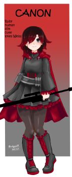 1girl absurdres black_background black_dress black_eyes black_hairband black_shoes boots cape closed_mouth commentary_request dated dress english_text full_body gradient_background gradient_hair gun hair_over_one_eye hairband highres holding holding_gun holding_weapon long_sleeves looking_at_viewer multicolored_hair odakubara pantyhose red_background red_cape red_hair ruby_rose rwby shoes smile solo twitter_username weapon