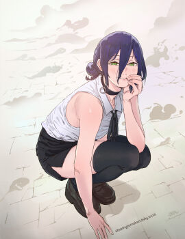1girl absurdres bare_arms black_choker black_shoes black_shorts black_thighhighs bluesky_username blush chainsaw_man choker commentary english_commentary green_eyes grenade_pin hair_between_eyes hair_bun highres justin_leyva_(steamy_tomato) loafers long_hair_between_eyes looking_at_viewer purple_hair reze_(chainsaw_man) shirt shoes short_shorts shorts single_side_bun sleeveless sleeveless_shirt smile solo squatting thighhighs white_shirt