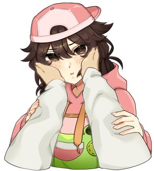 Rule 34 | 1girl, 1other, animal print, backwards hat, baseball cap, bethy, blush, brown eyes, brown hair, closed mouth, commentary, commission, commissioner upload, english commentary, eyelashes, frog print, green overalls, hair between eyes, hands on another's arms, hands on own cheeks, hands on own face, hat, highres, hood, hood down, hoodie, indie virtual youtuber, lips, long sleeves, looking at viewer, medium hair, overalls, pink hat, pink hoodie, second-party source, solo focus, squishing, tomboy, transparent background, twintails, upper body, vee v520, virtual youtuber, white sleeves