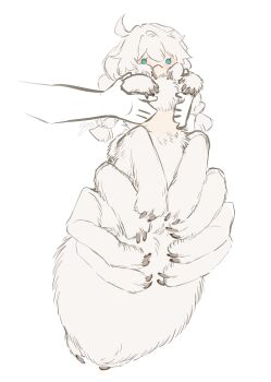 1girl 1other :&lt; abdomen_tail ahoge alternate_size aqua_eyes arachne arthropod_girl black_claws blush braid cloud_ya commentary completely_nude english_commentary extra_legs full_body highres honkai:_star_rail honkai_(series) insect_girl kiana_kaslana lifting_person looking_at_viewer monster_girl monsterification nude signature solid_oval_eyes spider_girl stomach taur twin_braids white_background white_fur