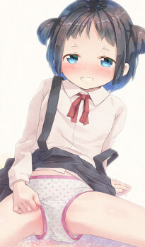 1girl black_hair black_skirt blue_eyes blush clothes_lift collared_shirt dress_shirt flat_chest loli long_sleeves looking_at_viewer neck_ribbon original paid_reward_available panties pleated_skirt polka_dot polka_dot_panties pu-en red_ribbon ribbon shirt skirt skirt_lift smile solo suspender_skirt suspenders suspenders_slip two_side_up underwear white_panties white_shirt
