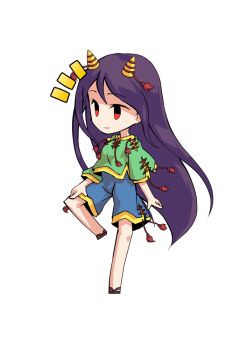 Rule 34 | 1girl, blue shorts, chibi, chibi only, commentary request, cone horns, dairi, full body, green shirt, horn ornament, horns, large variant set, long hair, nippaku zanmu, purple hair, red eyes, sandals, shirt, shorts, simple background, solo, standing, standing on one leg, tachi-e, touhou, transparent background, variant set, very long hair, yellow horns
