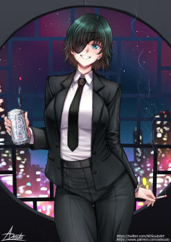 1girl adsouto aqua_eyes beer_can black_jacket black_necktie black_pants breasts can chainsaw_man cigarette commentary drink_can eyepatch formal_clothes green_hair grin highres himeno_(chainsaw_man) holding holding_cigarette jacket looking_at_viewer medium_breasts necktie pant_suit pants shirt short_hair signature smile smoke solo standing suit suit_jacket variant_set white_shirt window