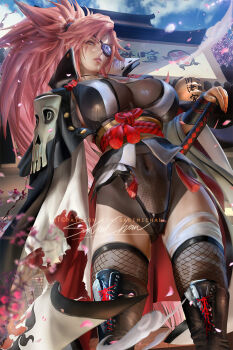 1girl amputee baiken breasts cape eyepatch facial_mark falling_petals fishnets guilty_gear huge_breasts japanese_clothes kimono navel peach_blossom petals pink_hair ponytail rope_belt sakimichan see-through_clothes serious spiked_hair