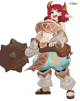 Rule 34 | 1girl, :d, artist name, blue eyes, blush, breasts, cleavage, club (weapon), commentary, detached pants, detached sleeves, dot nose, english commentary, fang, female goblin, firstw1, full body, goblin, harem pants, hobgoblin (monster girl encyclopedia), holding, holding club, holding weapon, horns, huge breasts, huge weapon, linea alba, looking at viewer, medium hair, monster girl, monster girl encyclopedia, navel, open mouth, pants, pointy ears, sandals, see-through clothes, see-through pants, short twintails, shortstack, simple background, smile, solo, strapless, tube top, twintails, twitter username, underboob, weapon, white background