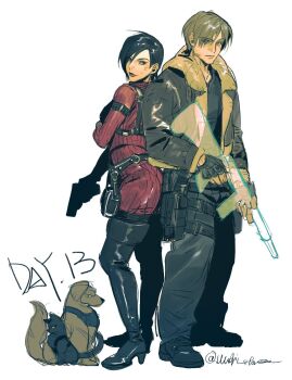 Rule 34 | 1boy, 1girl, ada wong, black boots, black hair, blonde hair, boots, dog, gun, handgun, highres, holding, holding gun, holding weapon, jacket, leon s. kennedy, open clothes, open jacket, resident evil, resident evil 4, resident evil 4 (remake), thigh boots, weapon, wushi stoneee