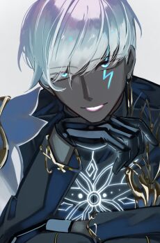 Rule 34 | 1boy, armor, black gloves, blue eyes, colored sclera, colored skin, commentary, earrings, elbow rest, eyes visible through hair, fate/grand order, fate (series), gloves, grey sclera, grey skin, grin, hand on own chin, highres, indra (fate), jewelry, lightning bolt facial mark, long sleeves, looking at viewer, male focus, me me korin, pauldrons, pink lips, short hair, shoulder armor, simple background, single earring, single pauldron, smile, solo, upper body, white background, white hair