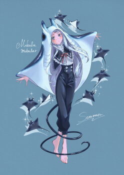 1girl animal_hood barefoot blue_eyes buttons cloak commentary_request english_text fish frills grey_hair highres hood hooded_cloak long_hair long_sidelocks looking_at_viewer manta_ray monster_girl multiple_others open_mouth original outstretched_arms pants paper_texture red_ribbon ribbon scientific_name shirt sidelocks signature soramaru_ell sparkle tail tiptoes watermark white_shirt