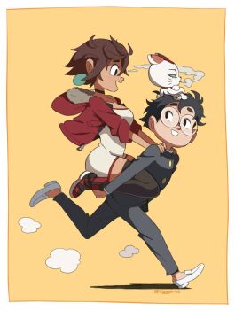 1boy 1girl animal animal_on_head ayase_momo bigggbrick black_choker black_hair black_jacket black_pants black_thighhighs boots border breasts brown_hair carrying cat cat_on_head choker cigarette crossed_arms crossed_bangs dandadan earrings full_body fur-trimmed_jacket fur_trim gakuran glasses gold_buttons hair_between_eyes hands_on_another&#039;s_shoulders highres hood hood_down hooded_jacket jacket jewelry loafers looking_at_another medium_breasts on_head open_mouth orange_background pants parted_lips piggyback red_boots red_jacket romper round_eyewear school_uniform shoes smile smoke smoking takakura_ken_(dandadan) thighhighs turbo_granny_(dandadan) twitter_username white_border white_romper white_shoes